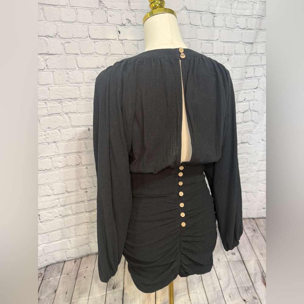 Free People - The Only One Black Mini Dress with Open Back & Button Detail Small